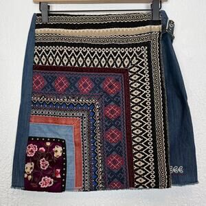 Desigual Embroidered Patchwork Denim Mini Wrap Skirt Boho Folk Size 28